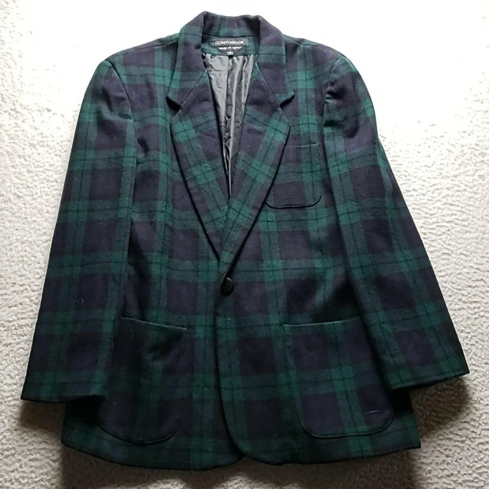 Vintage Donnybrook Blazer Jacket Womens 16 Green Plaid 100% Wool Lined Career